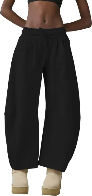 Womens Barrel Leg Sweatpant Mid Rise Elastic Waist Drawstring Casual Baggy Wide Leg Pants with Pockets