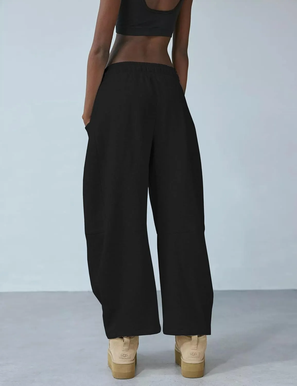Womens Barrel Leg Sweatpant Mid Rise Elastic Waist Drawstring Casual Baggy Wide Leg Pants with Pockets