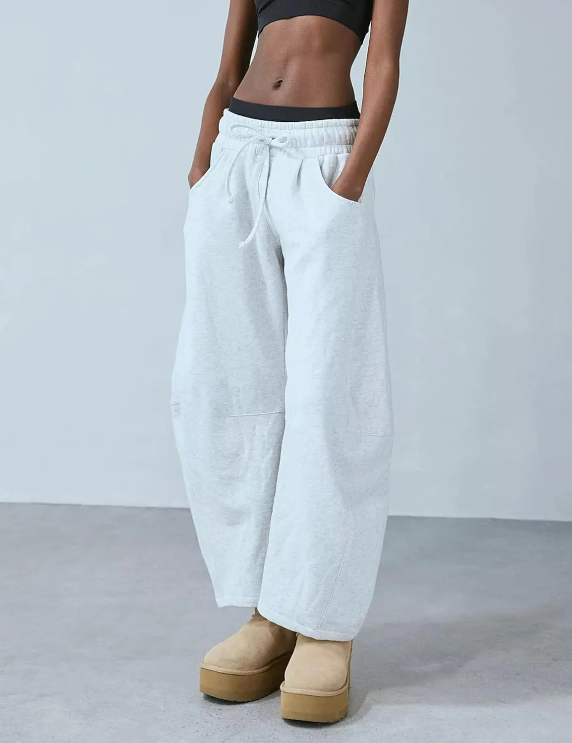 Womens Barrel Leg Sweatpant Mid Rise Elastic Waist Drawstring Casual Baggy Wide Leg Pants with Pockets