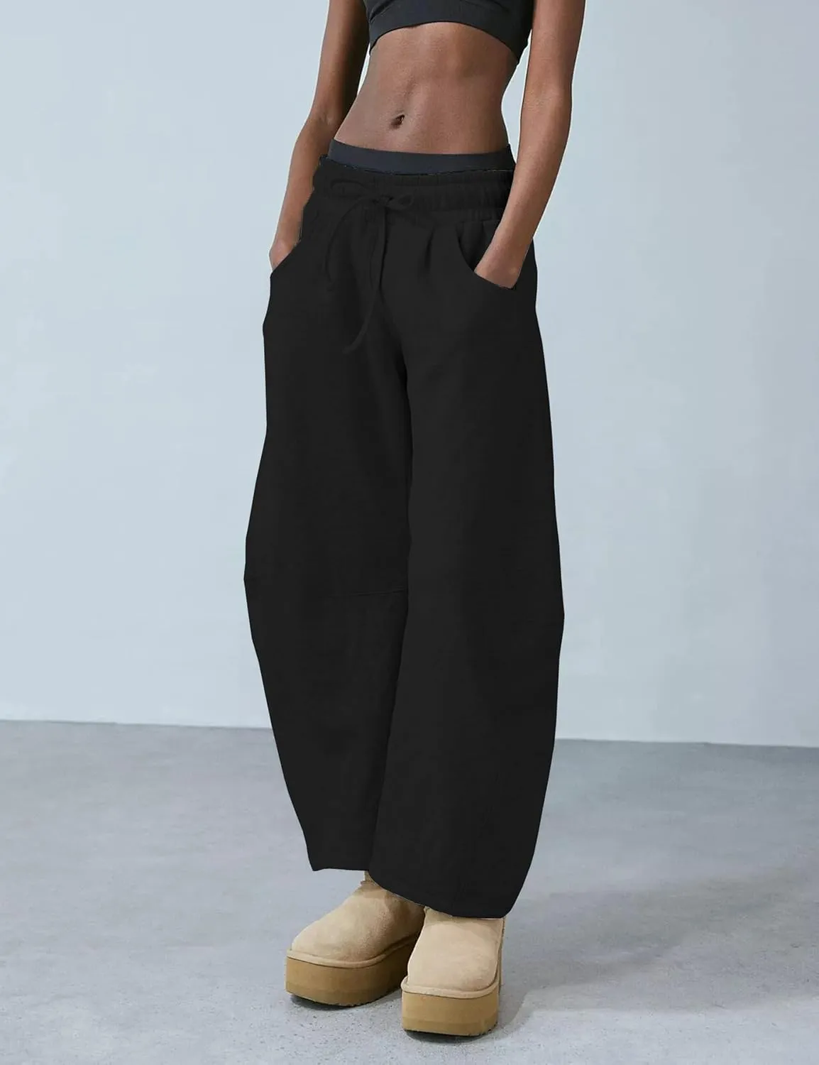 Womens Barrel Leg Sweatpant Mid Rise Elastic Waist Drawstring Casual Baggy Wide Leg Pants with Pockets