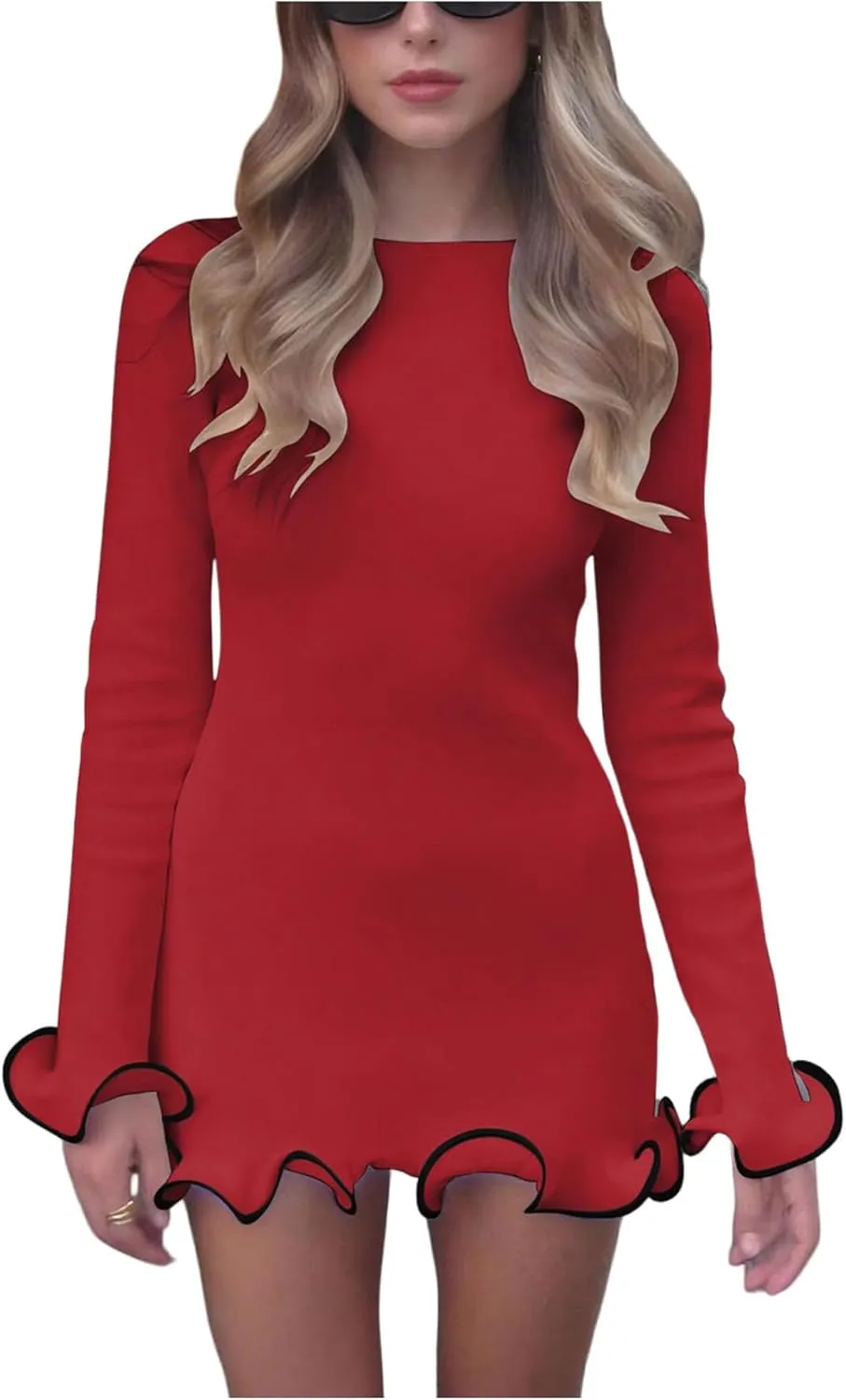 Women's Boat Neck Ruffle Wave Edge Bodycon Pencil Dress Long Sleeve Party Night Out Mini Dresses