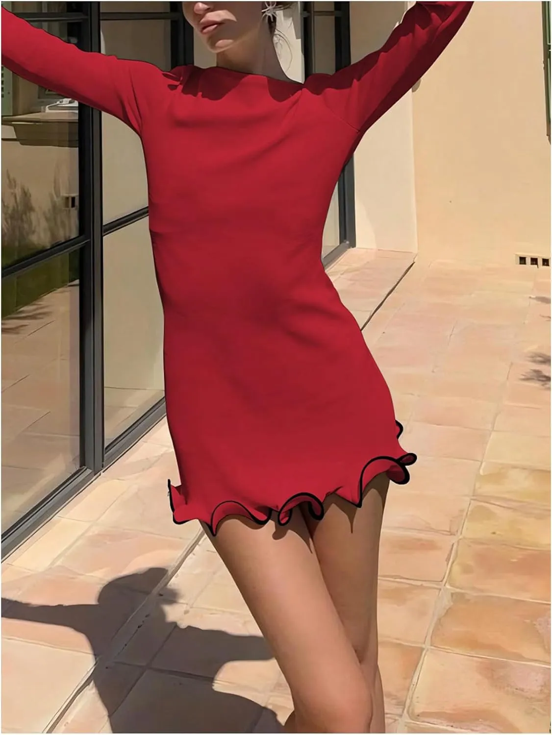 Women's Boat Neck Ruffle Wave Edge Bodycon Pencil Dress Long Sleeve Party Night Out Mini Dresses