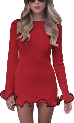 Women's Boat Neck Ruffle Wave Edge Bodycon Pencil Dress Long Sleeve Party Night Out Mini Dresses