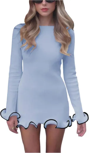 Women's Boat Neck Ruffle Wave Edge Bodycon Pencil Dress Long Sleeve Party Night Out Mini Dresses