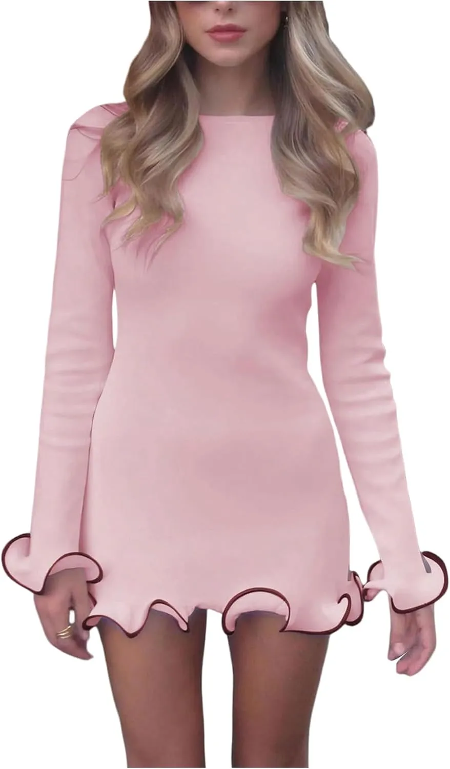 Women's Boat Neck Ruffle Wave Edge Bodycon Pencil Dress Long Sleeve Party Night Out Mini Dresses