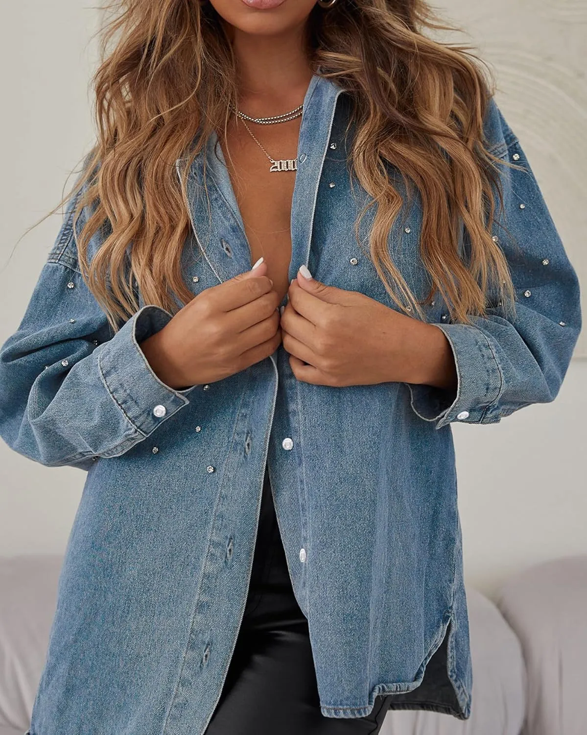 Women's Button Down Denim Shirt Pearl Beading Collared Casual Long Sleeve V Neck Jean Tops