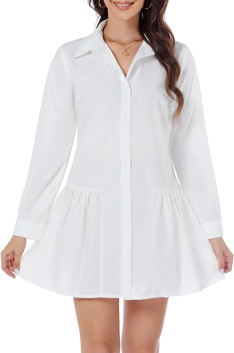 Women's Casual Button Down Shirt Dress Long Sleeve Collared Swing Ruffle Hem Shift Mini Dress