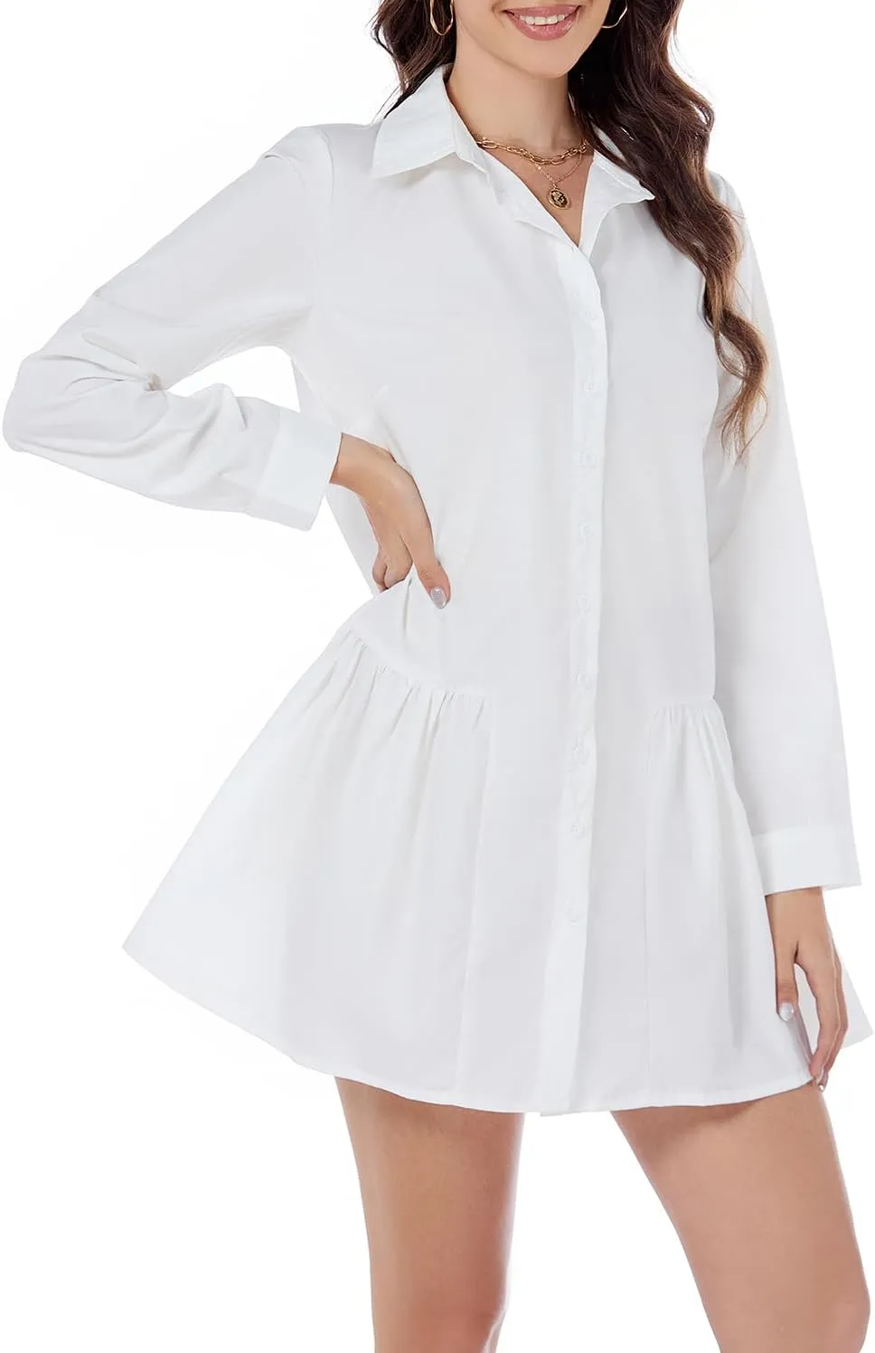 Women's Casual Button Down Shirt Dress Long Sleeve Collared Swing Ruffle Hem Shift Mini Dress