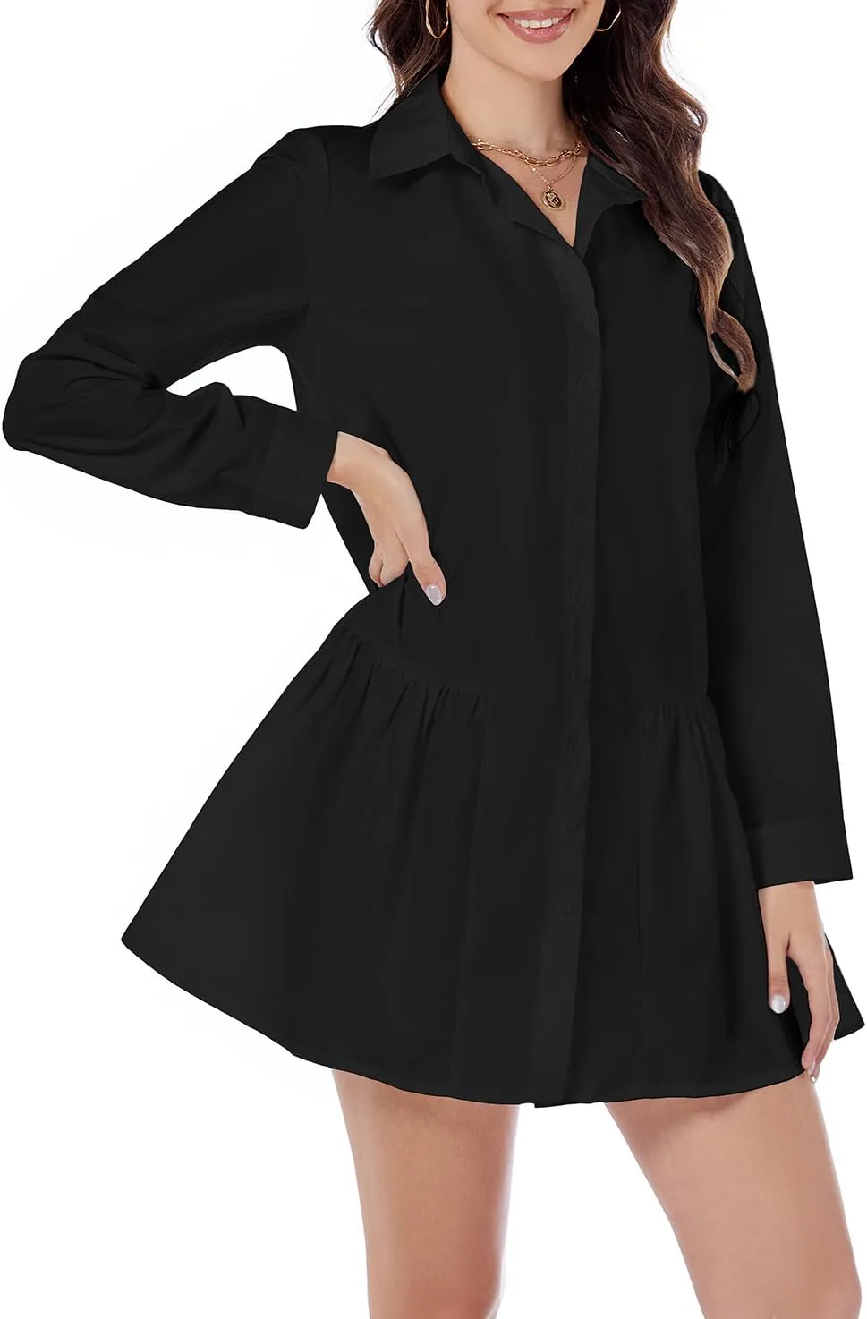 Women's Casual Button Down Shirt Dress Long Sleeve Collared Swing Ruffle Hem Shift Mini Dress