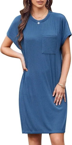 Womens Casual Crewneck Short Sleeve Ribbed Mini Tshirt Dress Fashion Slim Spring and Summer Dresses