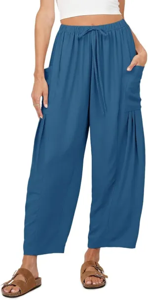 Womens Casual Harem Pants Summer Elastic Waist Wide Leg Trousers Baggy Pockets Crop Leggings
