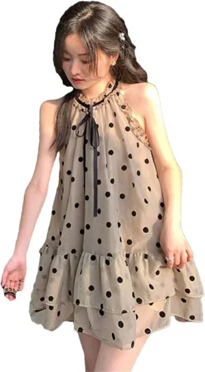 Women's Dress Sleeveless Polka Dot Bandage Halter Ruffles Stand Collar Loose Elegant Mini Dresses