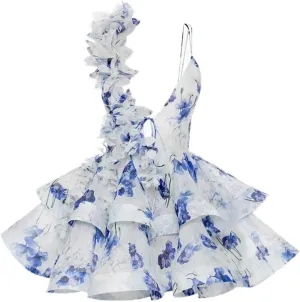Women's Elegant Flower Printed Party Dress Sling Backless Lace Up Ruffle Ruffle A-Line Mini Evening Dresses