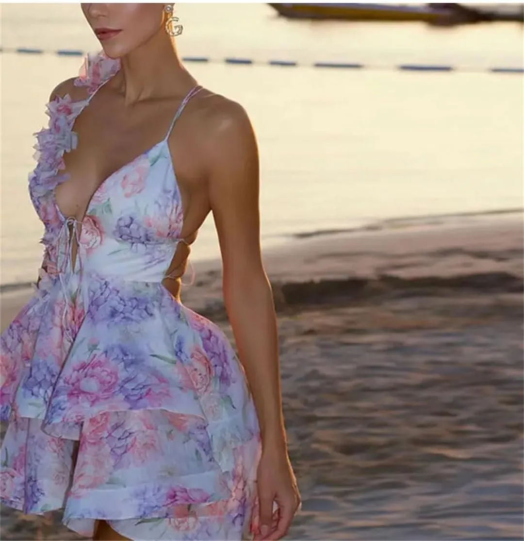 Women's Elegant Flower Printed Party Dress Sling Backless Lace Up Ruffle Ruffle A-Line Mini Evening Dresses