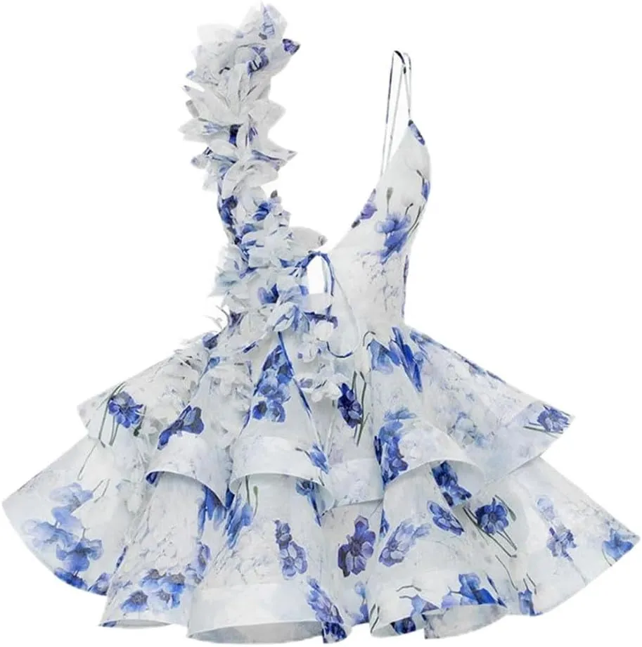 Women's Elegant Flower Printed Party Dress Sling Backless Lace Up Ruffle Ruffle A-Line Mini Evening Dresses