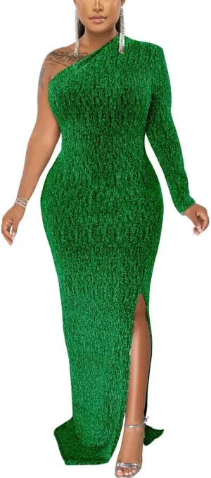 Women's Formal Evening Gowns Elegant Sparkly One Shoulder Maxi Dresses Sexy Long Sleeve High Split Party Long Dress