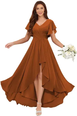 Women's High Low V Neck Bridesmaid Dresses Long Flutter Sleeves Chiffon Formal Dress with Pockets VS204
