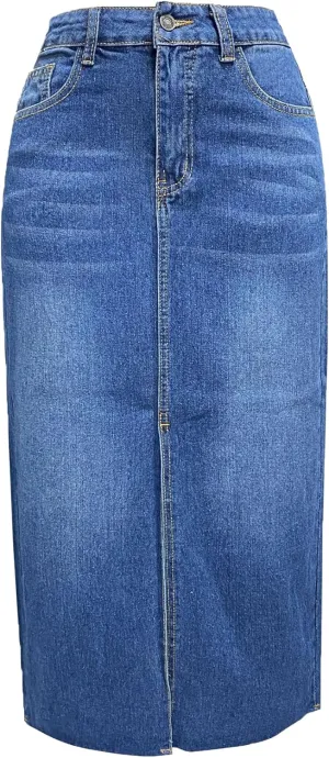 Women's High Waisted Denim Skirt Front Slit Midi A-Line Casual Long Maxi Jean Skirts with Pocket