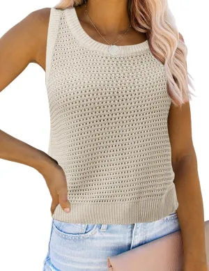 Womens Knit Sweater Vest Summer Tank Tops Round Neck Crochet Hollow Out Sleeveless Crop Top