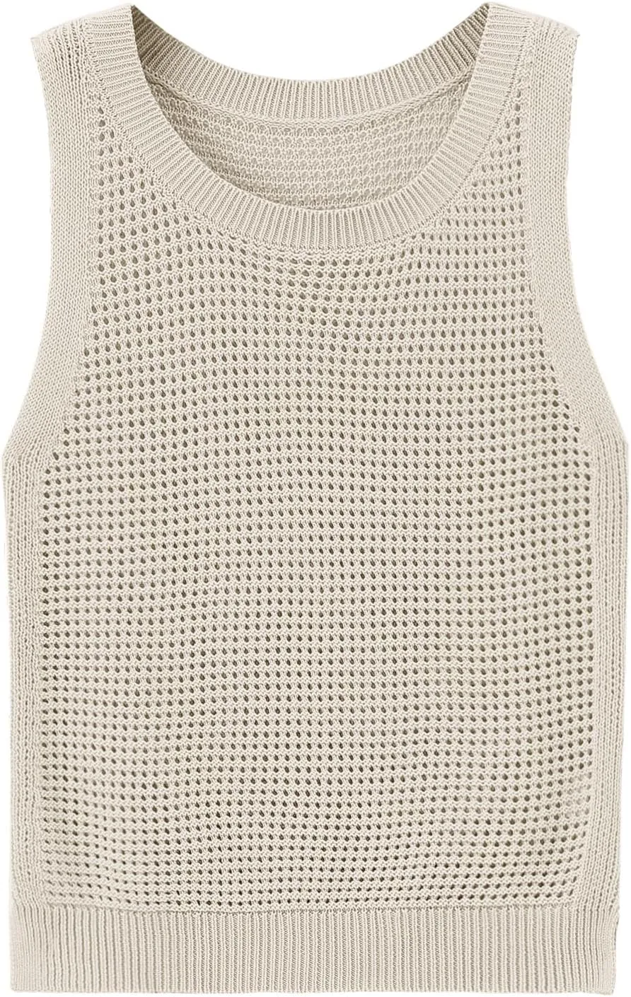 Womens Knit Sweater Vest Summer Tank Tops Round Neck Crochet Hollow Out Sleeveless Crop Top