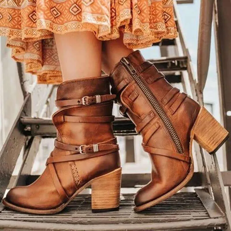 Women's Leather Ankle Boots with Chunky Heel