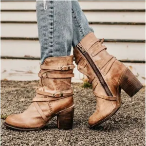 Women's Leather Ankle Boots with Chunky Heel