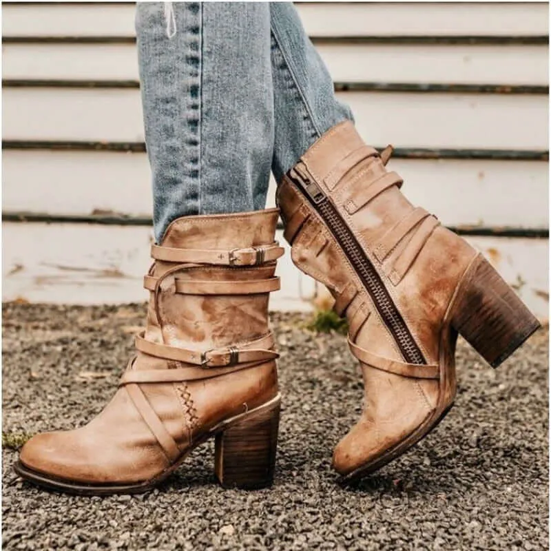 Women's Leather Ankle Boots with Chunky Heel