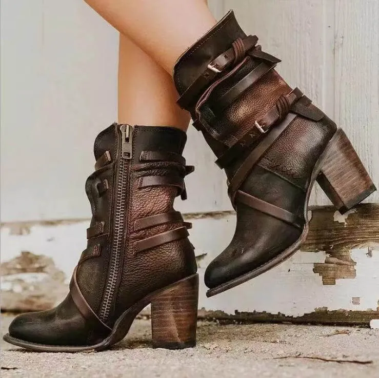 Women's Leather Ankle Boots with Chunky Heel