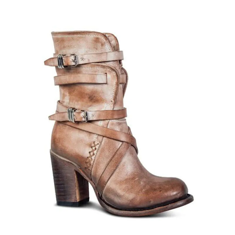 Women's Leather Ankle Boots with Chunky Heel