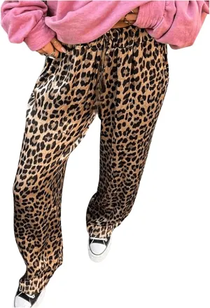 Women's Leopard Print High Waist Pants Straight Leg Y2K Long Trousers with Pockets