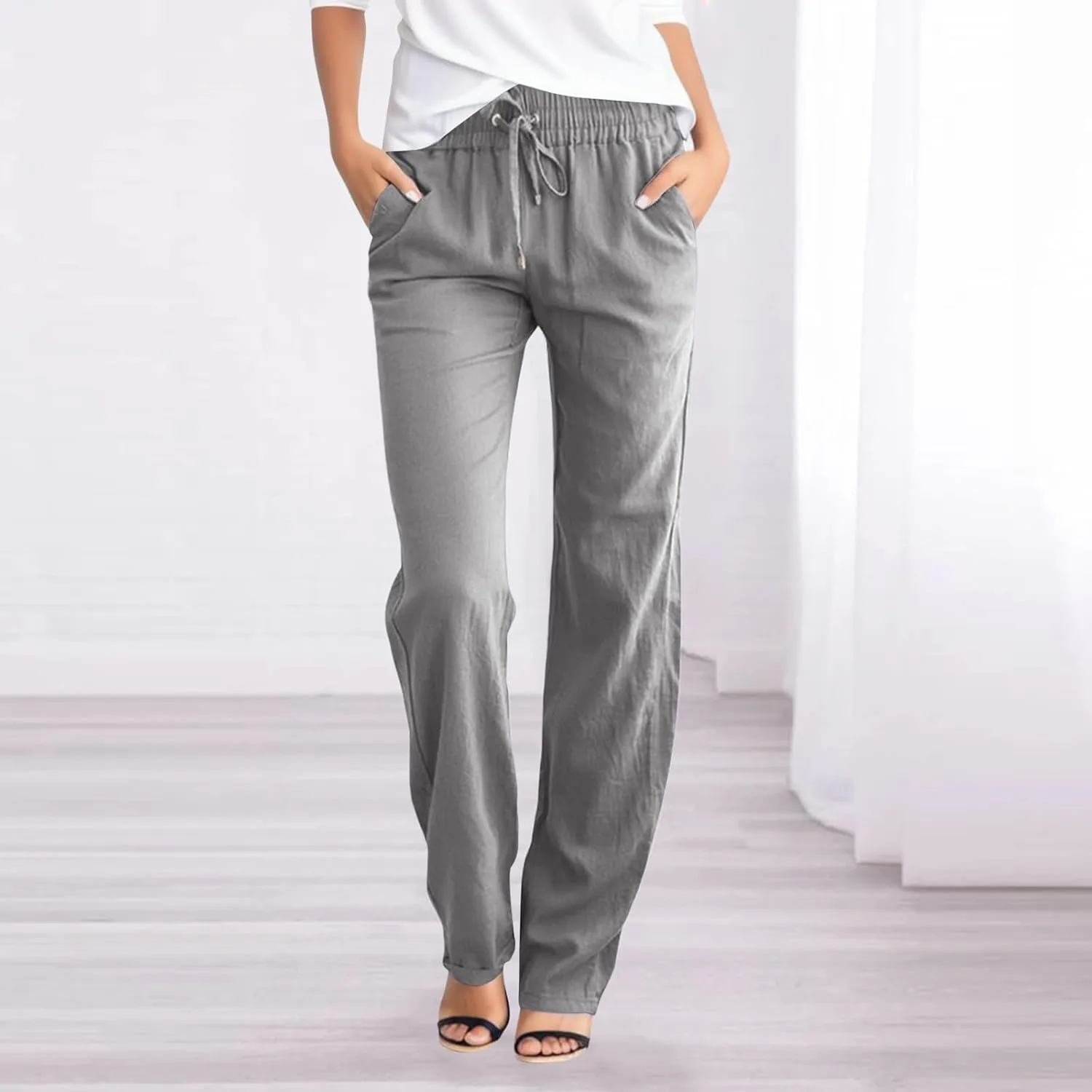 Womens Linen Summer Loose Pants High Waist Ankle Length Slim-Fit Trousers Work Business