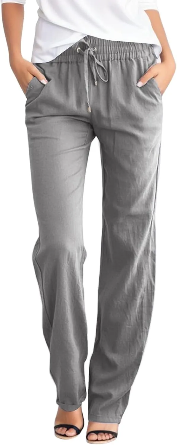 Womens Linen Summer Loose Pants High Waist Ankle Length Slim-Fit Trousers Work Business