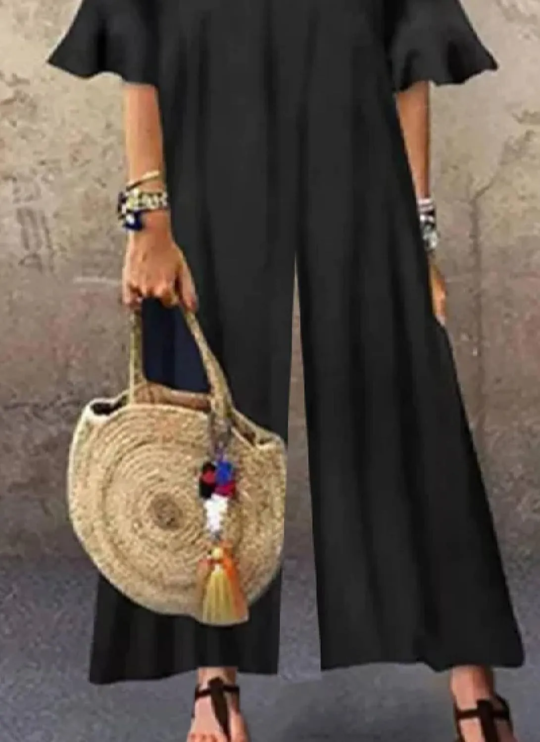 Women's Loose Fit Wide Leg Jumpsuits 2025 Summer Casual Outfits Ruffle Short Sleeve Breathable Black Solid Rompers