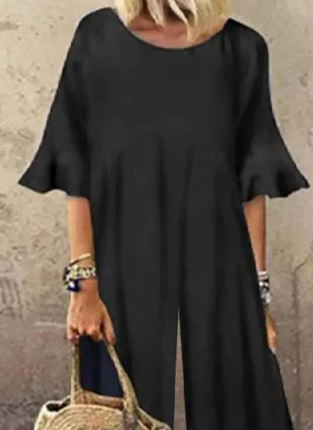 Women's Loose Fit Wide Leg Jumpsuits 2025 Summer Casual Outfits Ruffle Short Sleeve Breathable Black Solid Rompers
