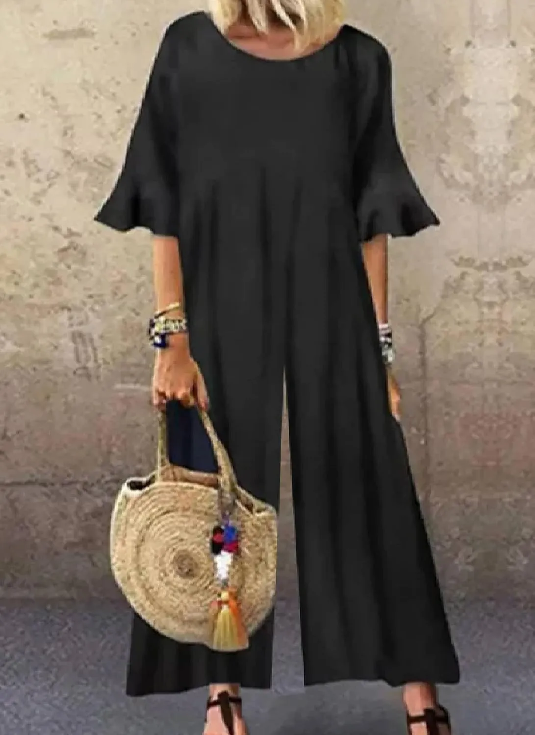 Women's Loose Fit Wide Leg Jumpsuits 2025 Summer Casual Outfits Ruffle Short Sleeve Breathable Black Solid Rompers