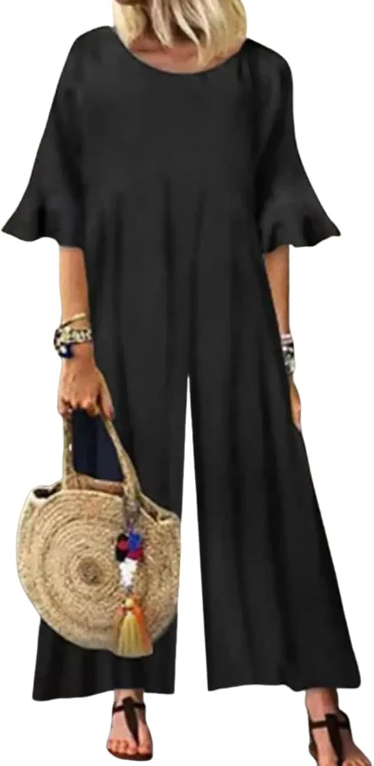 Women's Loose Fit Wide Leg Jumpsuits 2025 Summer Casual Outfits Ruffle Short Sleeve Breathable Black Solid Rompers