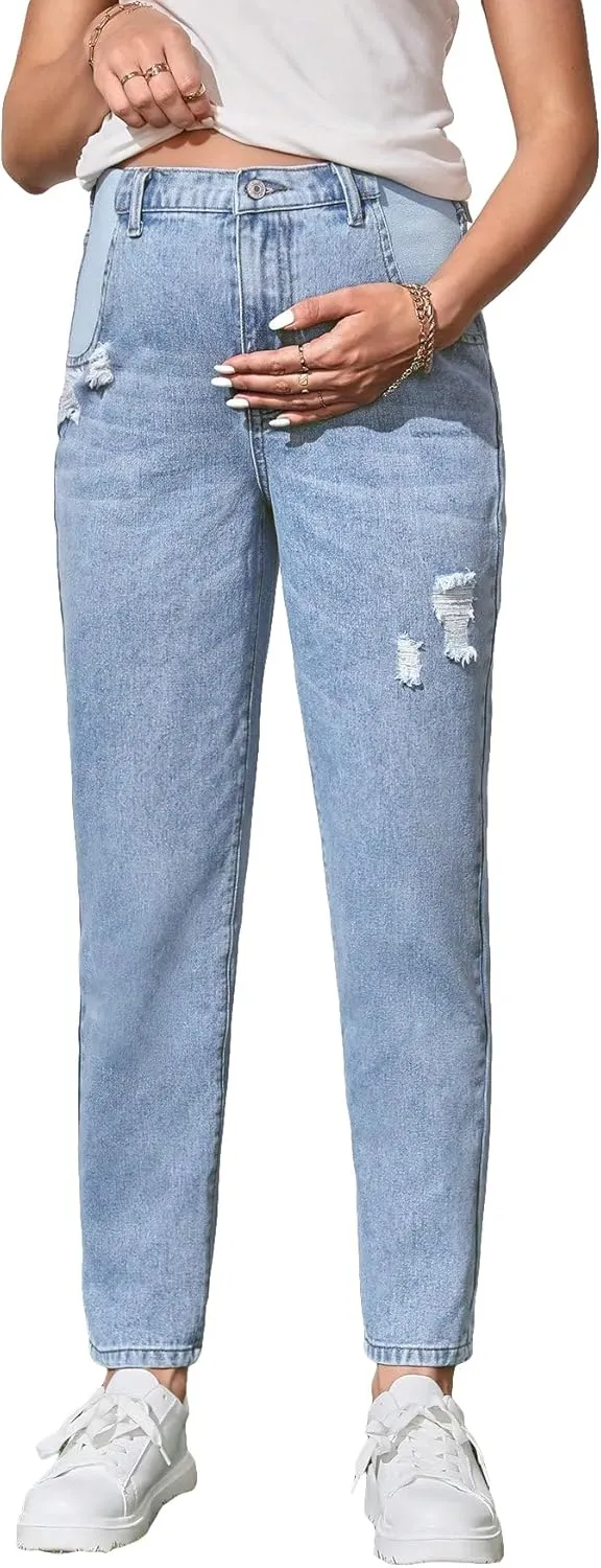 Women's Maternity Casual High Waist Zipper Ripped Jeans Pants Trousers Mom Fit Denim Pants