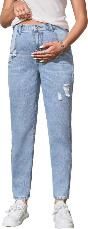 Women's Maternity Casual High Waist Zipper Ripped Jeans Pants Trousers Mom Fit Denim Pants