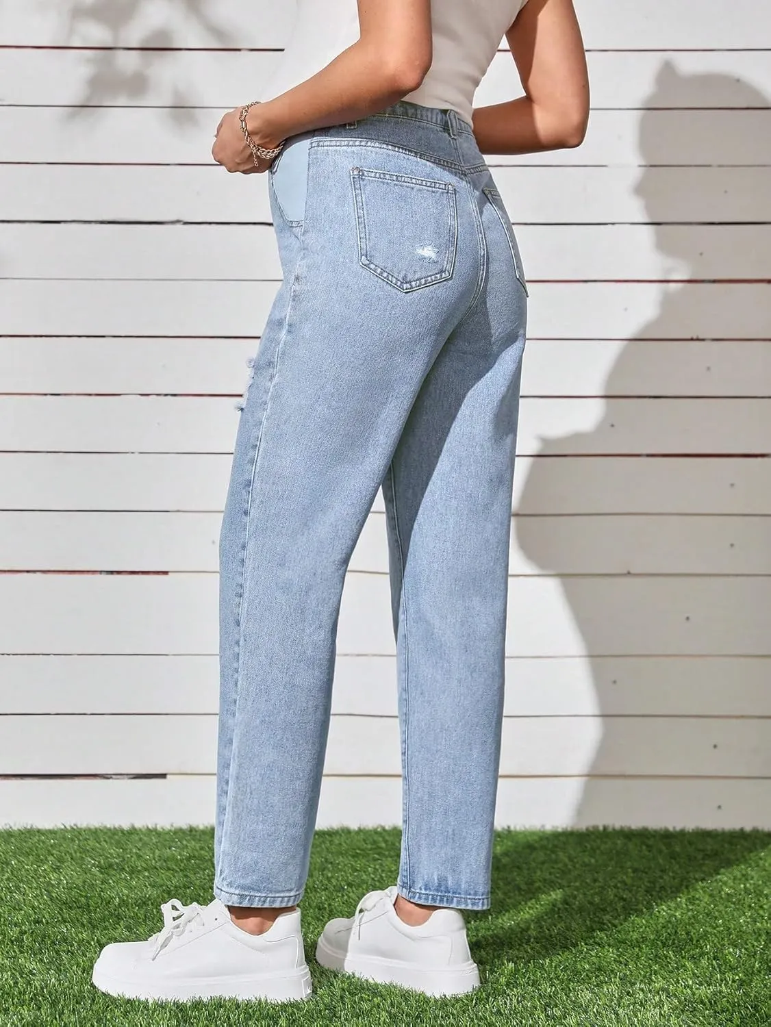 Women's Maternity Casual High Waist Zipper Ripped Jeans Pants Trousers Mom Fit Denim Pants