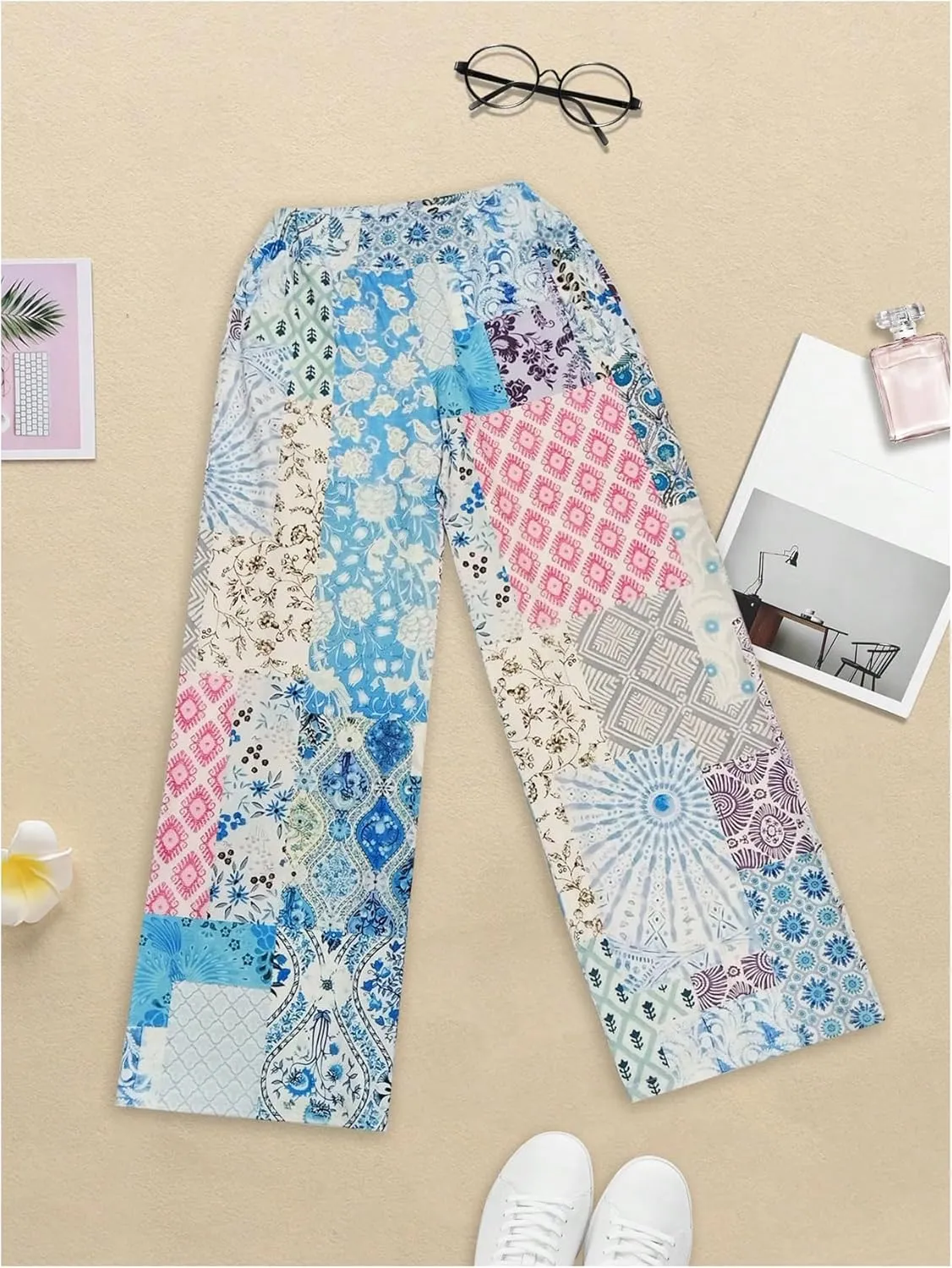 Women's Patchwork Graphic Pant Colorblock High Waisted Straight Leg Boho Pants