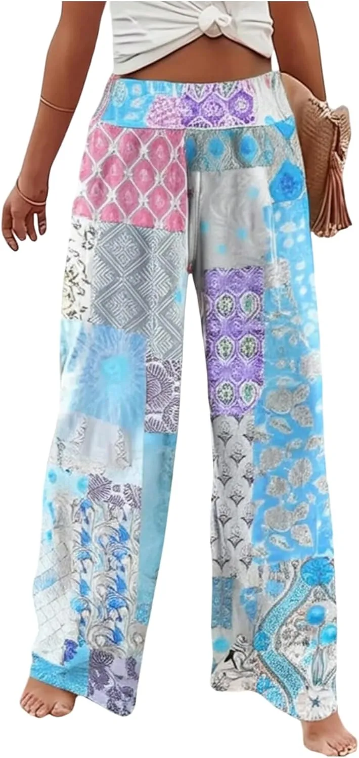 Women's Patchwork Graphic Pant Colorblock High Waisted Straight Leg Boho Pants