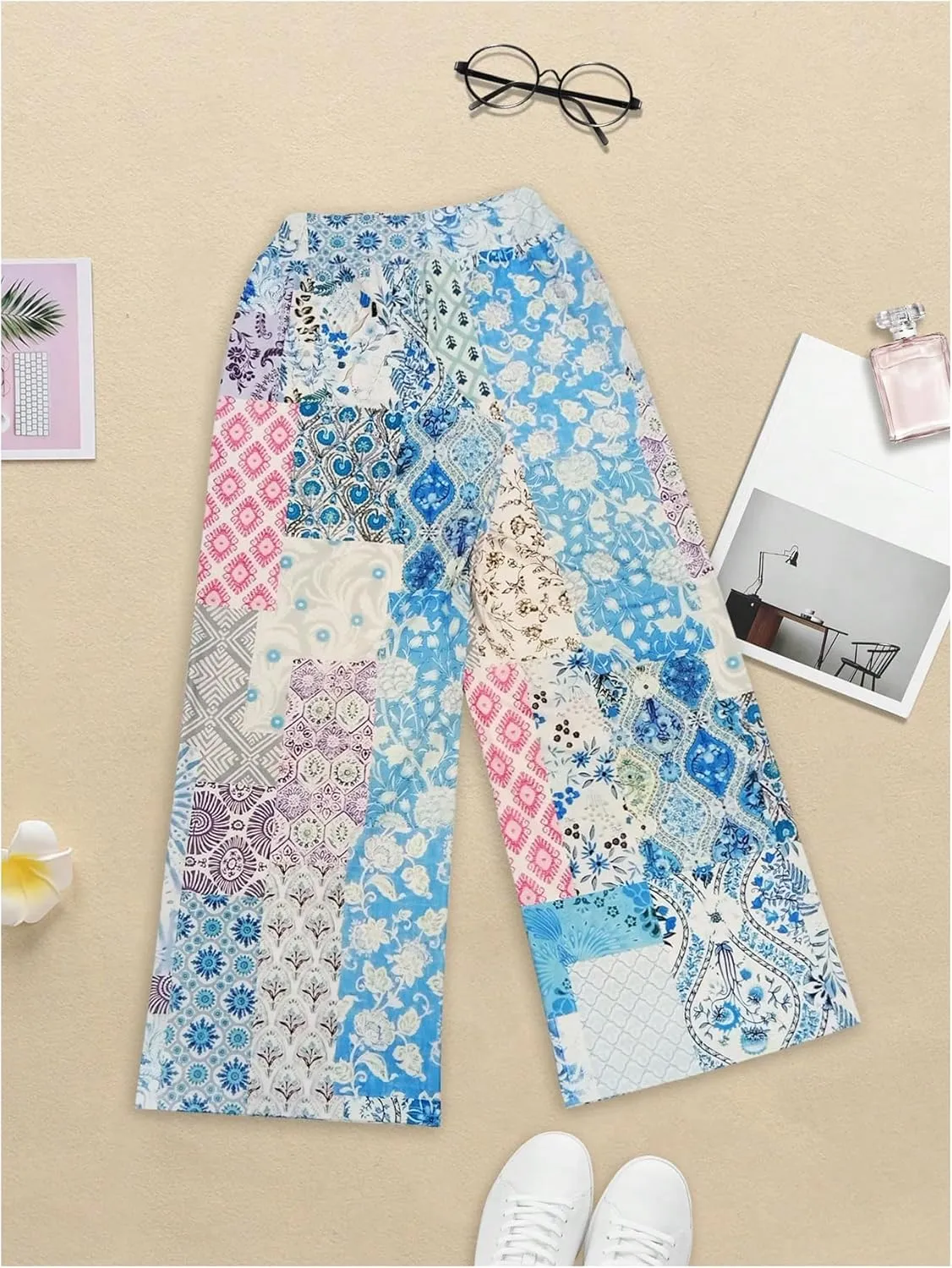 Women's Patchwork Graphic Pant Colorblock High Waisted Straight Leg Boho Pants