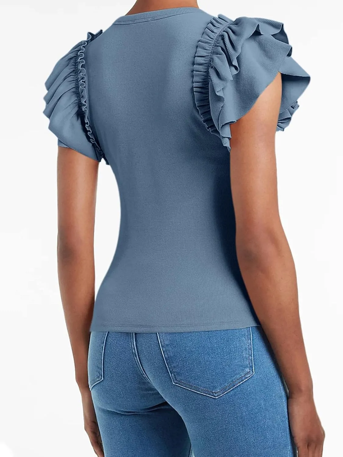 Womens Ruffle Short Sleeve Shirts Slim Fit High Neck Knit Ribbed Tops