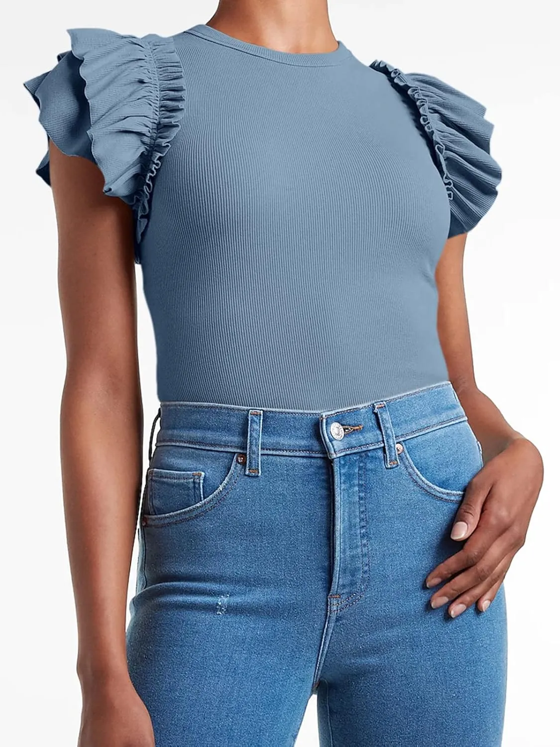 Womens Ruffle Short Sleeve Shirts Slim Fit High Neck Knit Ribbed Tops