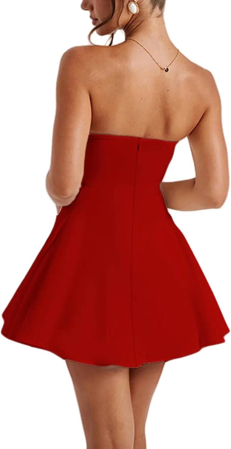 Women's Sexy Strapless Tube Dress with Bow Elegant Flare Formal Dresses Off Shoulder Dress Wedding Dresses for Women