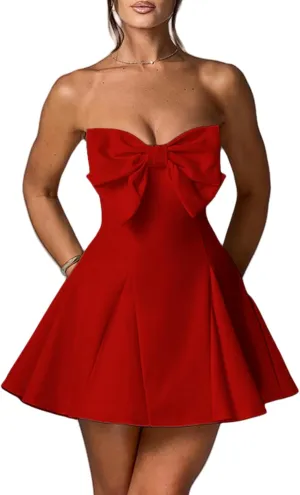 Women's Sexy Strapless Tube Dress with Bow Elegant Flare Formal Dresses Off Shoulder Dress Wedding Dresses for Women