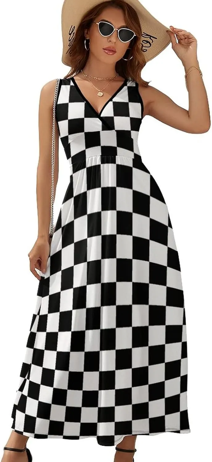 Womens Sleeveless V Neck Maxi Dress Black White Race Checkered Flag Beach Dress Causal Summer Dress Long Dress Skirt