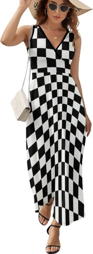 Womens Sleeveless V Neck Maxi Dress Black White Race Checkered Flag Beach Dress Causal Summer Dress Long Dress Skirt