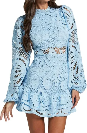 Women's Spring Long Sleeve Embroidery Mini Dress Ruffle Hollow Out Sexy Lace Dress