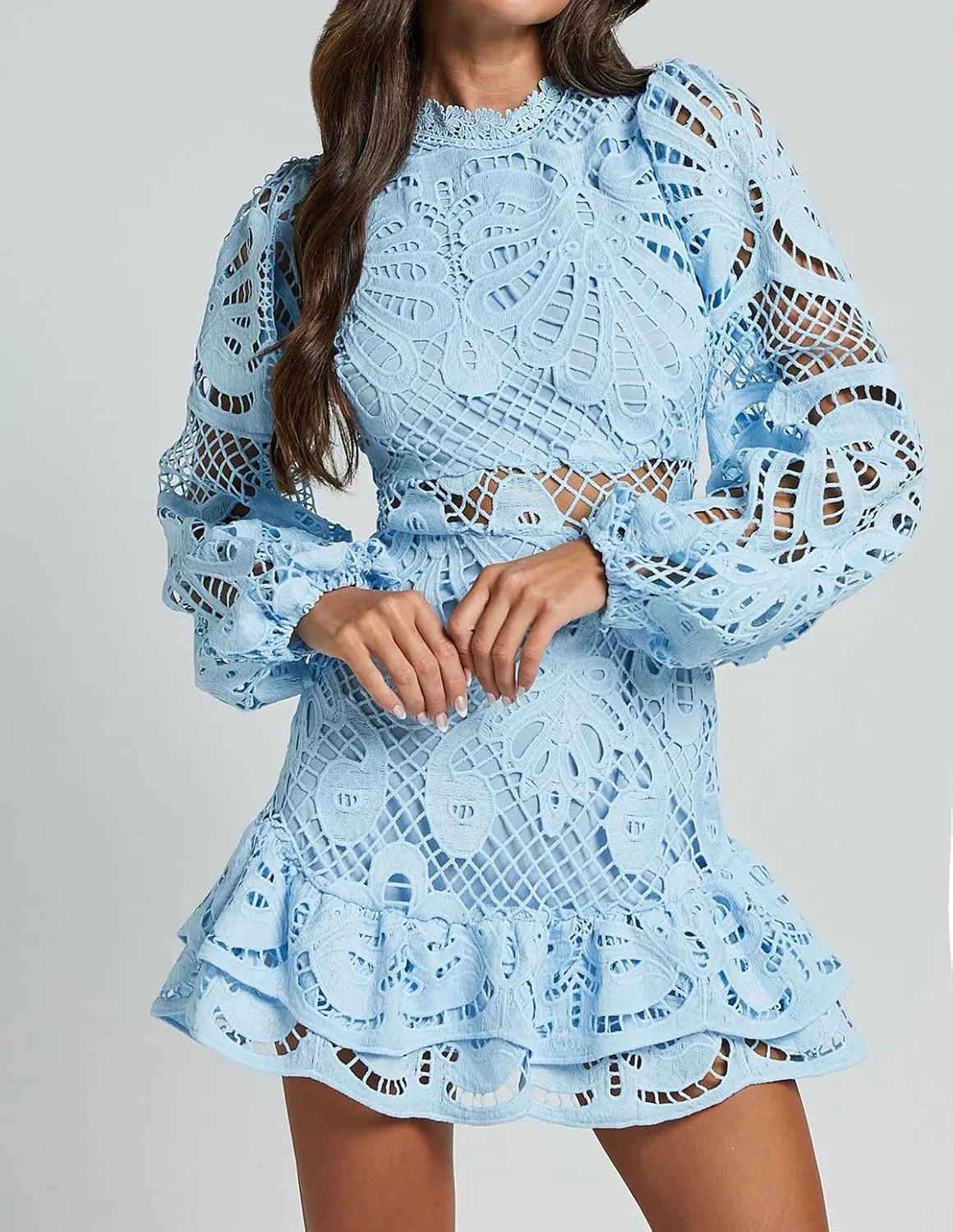 Women's Spring Long Sleeve Embroidery Mini Dress Ruffle Hollow Out Sexy Lace Dress